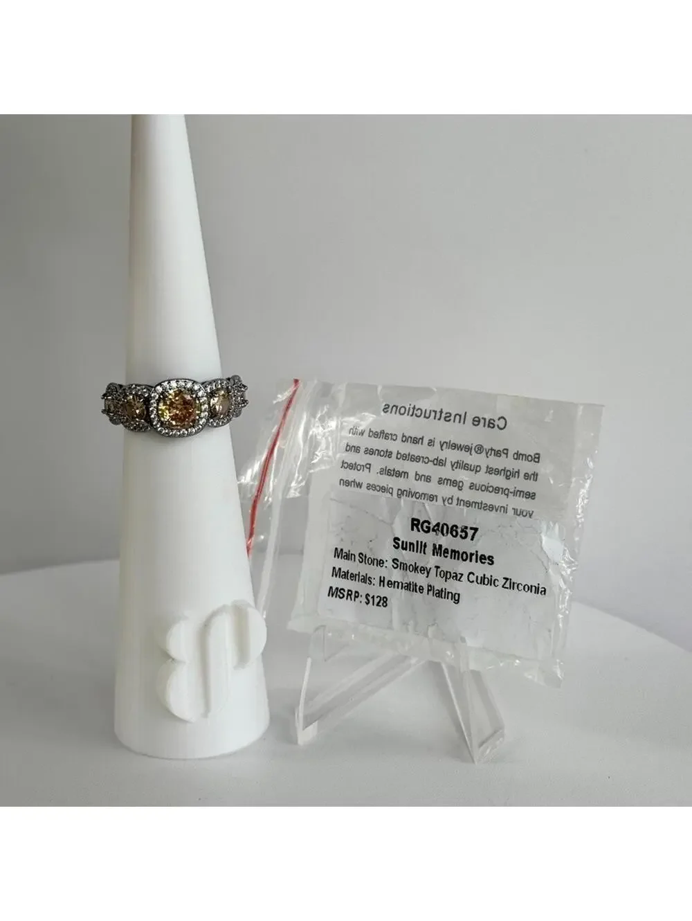 Bomb Party Ring RG40657 “Sunlit Memories” Sz 8 Smokey Topaz on Hematite Plating